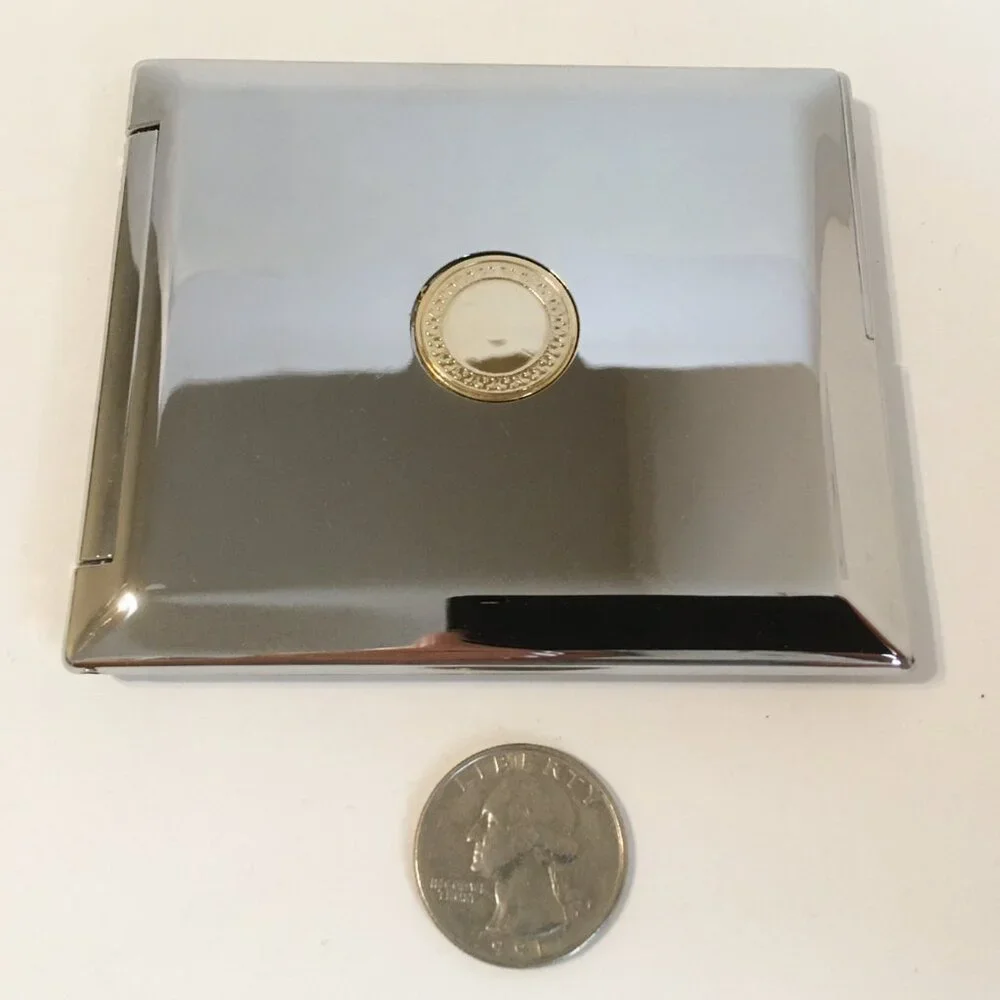 Compact Makeup Mirror Gold Inlay Silver Tone Metal Case Double Sided Folding